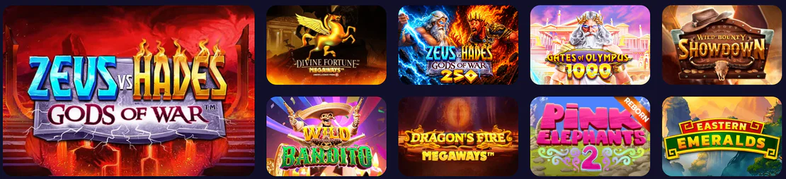 CazzyGames slot games featuring Zeus vs Hades, Gates of Olympus 1000, Wild Bounty Showdown and Dragon’s Fire Megaways